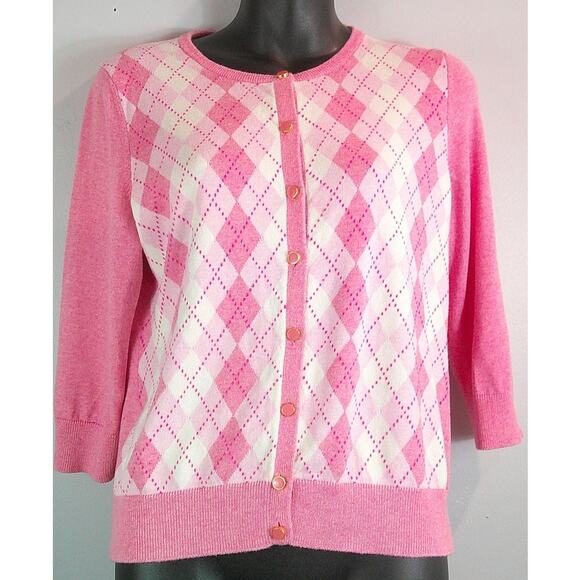Talbots 3/4 Sleeve Pink Gingham Button Cardigan Women's Petite Large - Picture 1 of 6